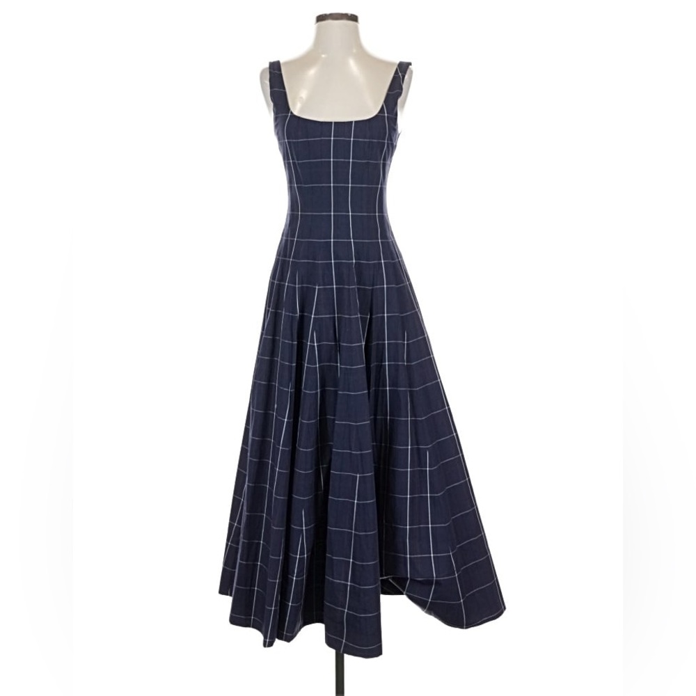 STAUD Navy and White Checkered Wells Midi Dress Sz 2